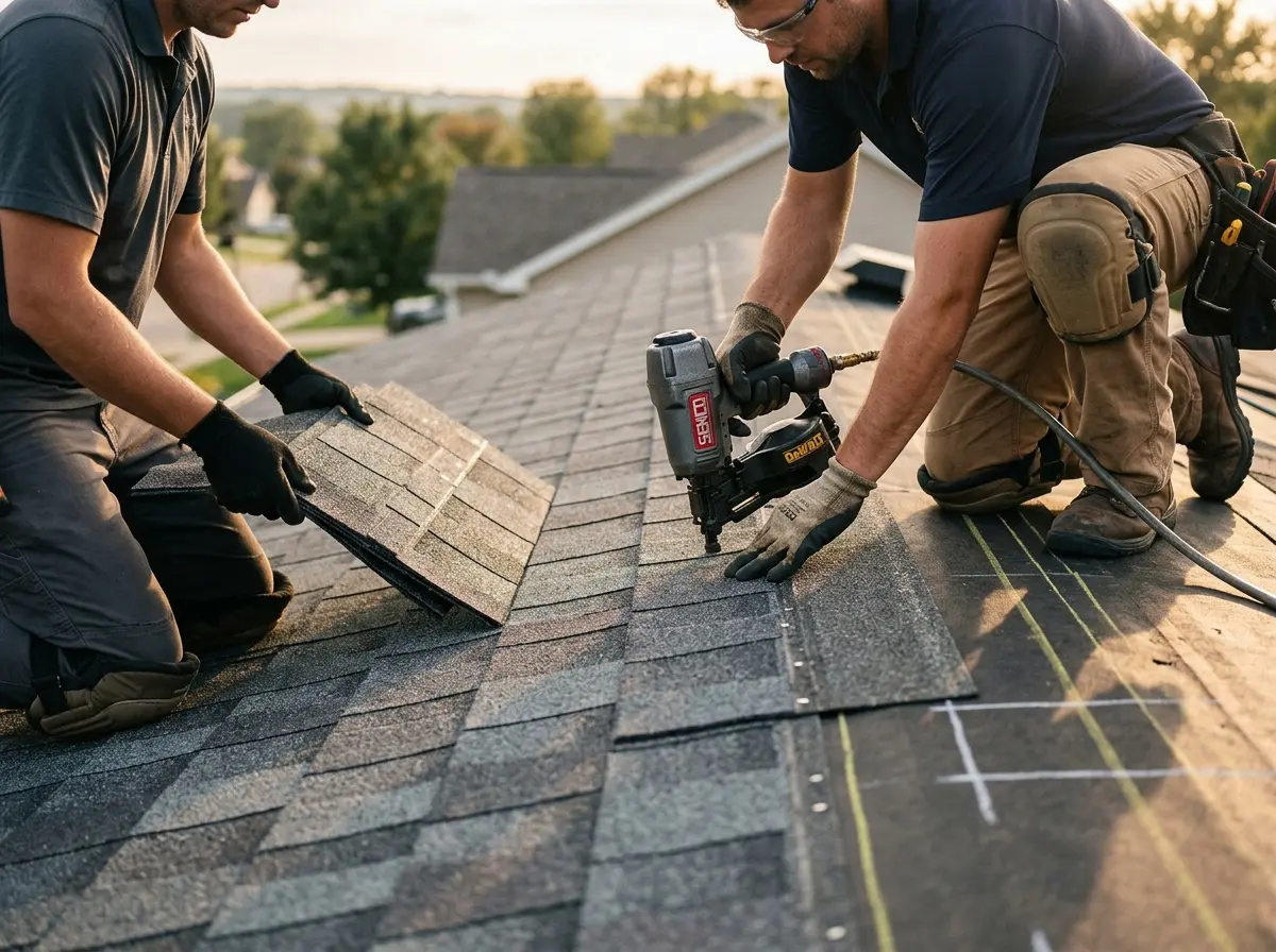 Professional roofer working on a residential roof in Linganore